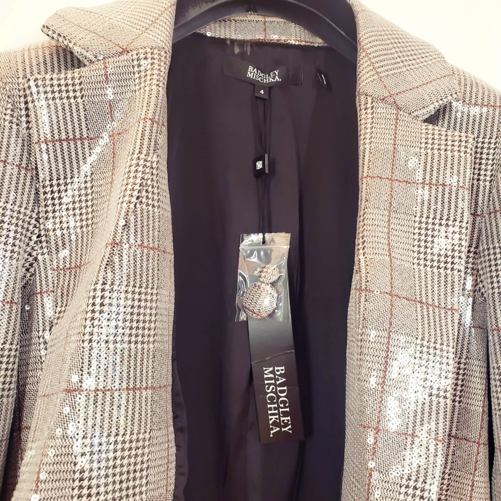 $495 NWT BADGLEY MISCHKA Plaid Blazer Silver Coat XS Button down Sparkle Chic - Picture 10 of 14